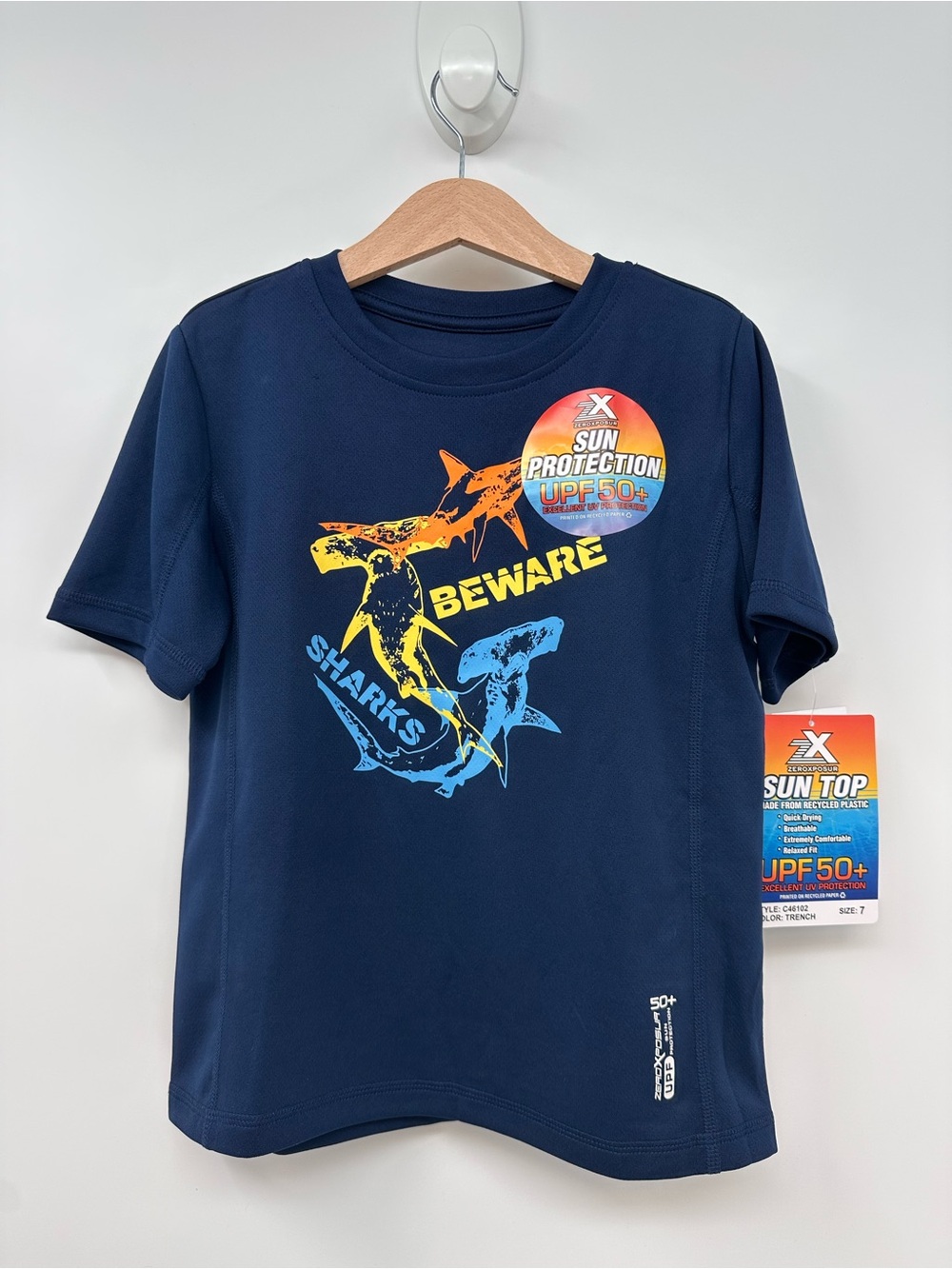 Navy Blue Shark Sun T-Shirt UPF 50+ Protection Size 7 Years
